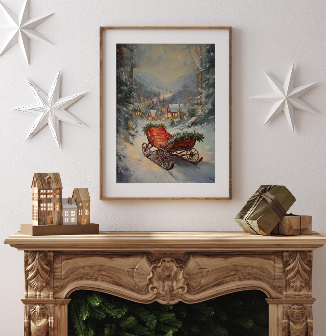 Red Christmas Sleigh Holly Decorated Snowy Village Scene Poster - Image 4