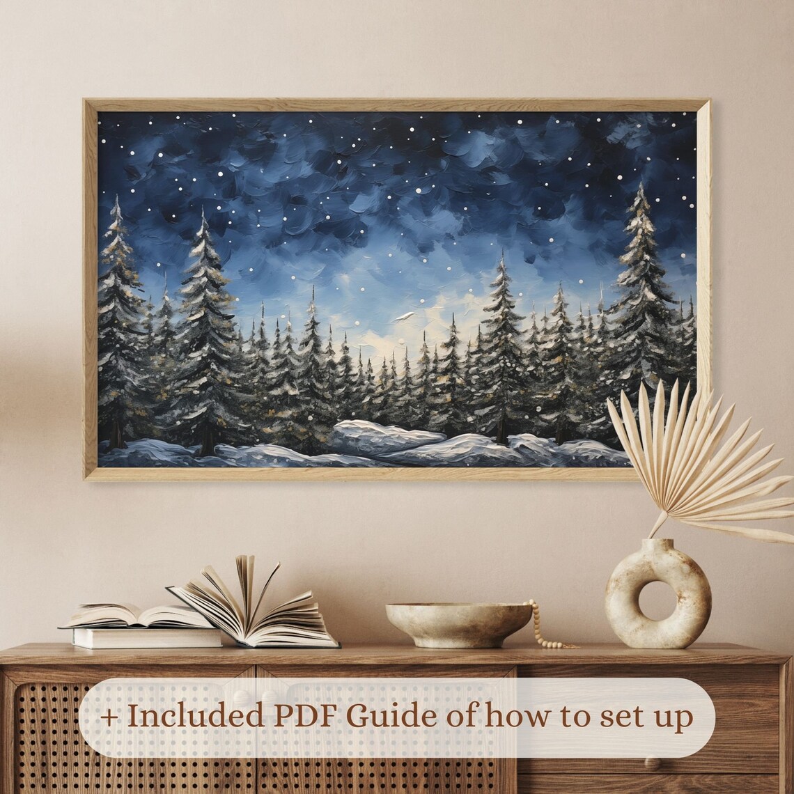 Snowy Pine Forest Night Sky Stars Winter Landscape Scene Poster - Image 2