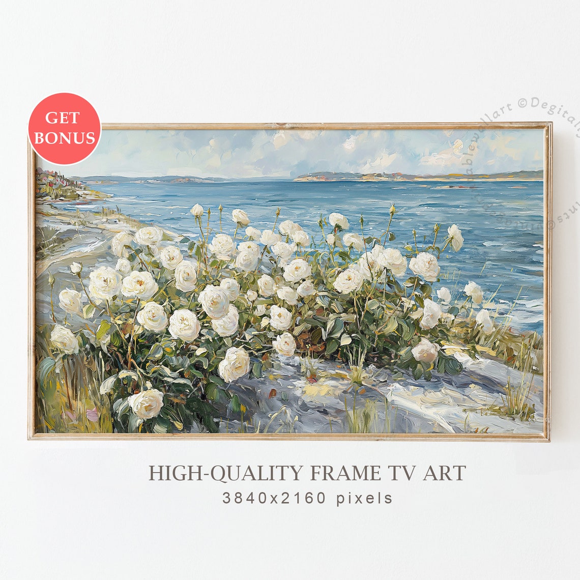 White Roses Rocky Shore Blue Ocean Coastal Floral Oil Poster