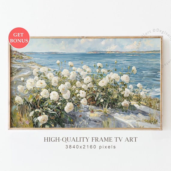 White Roses Rocky Shore Blue Ocean Coastal Floral Oil Poster
