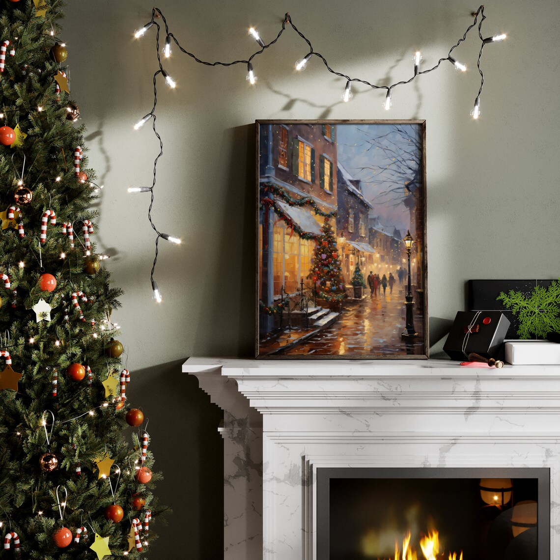 Vintage Christmas City Landscape Oil Painting Print - Image 3