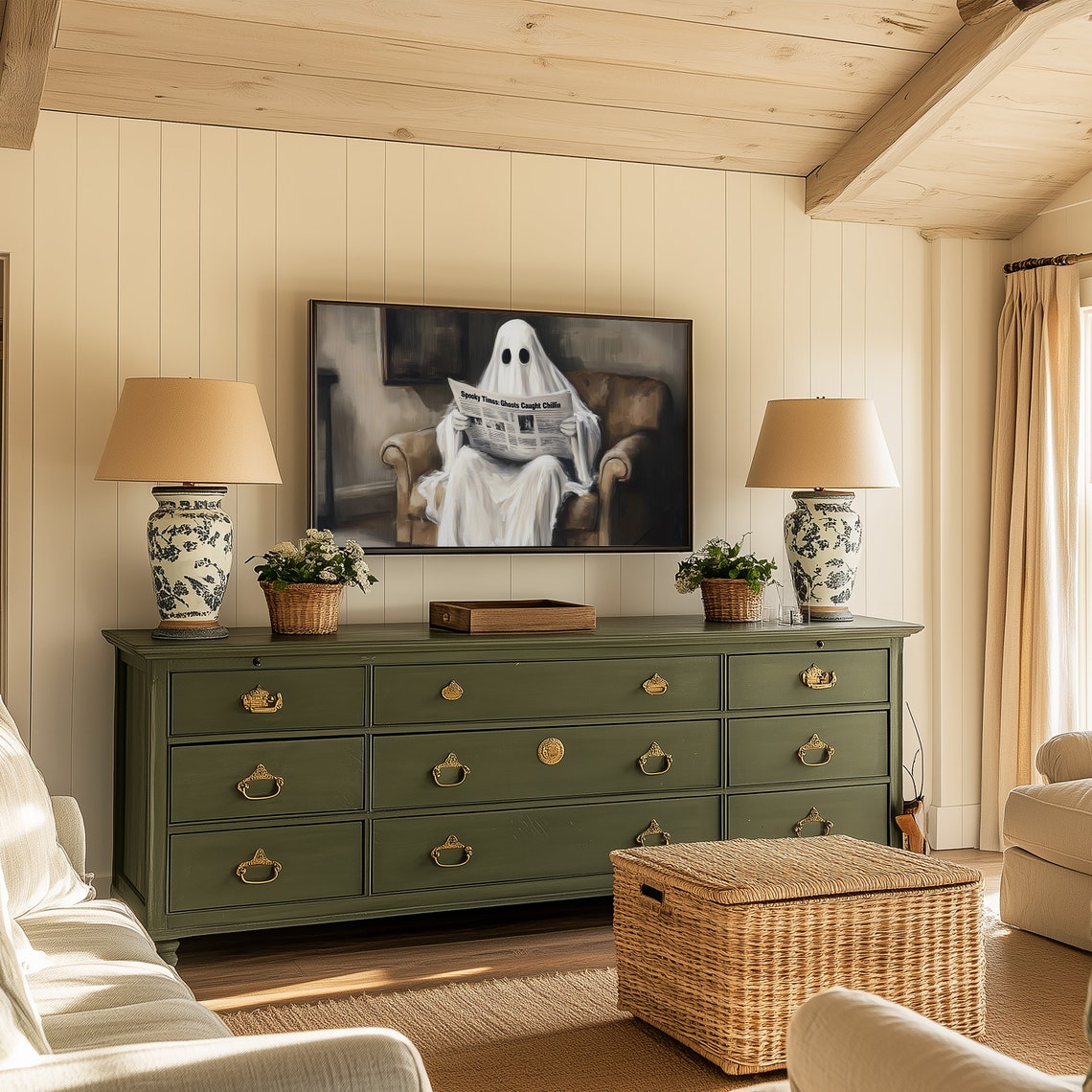Funny Ghost Reading Spooky Times Newspaper Armchair Halloween Poster - Image 3