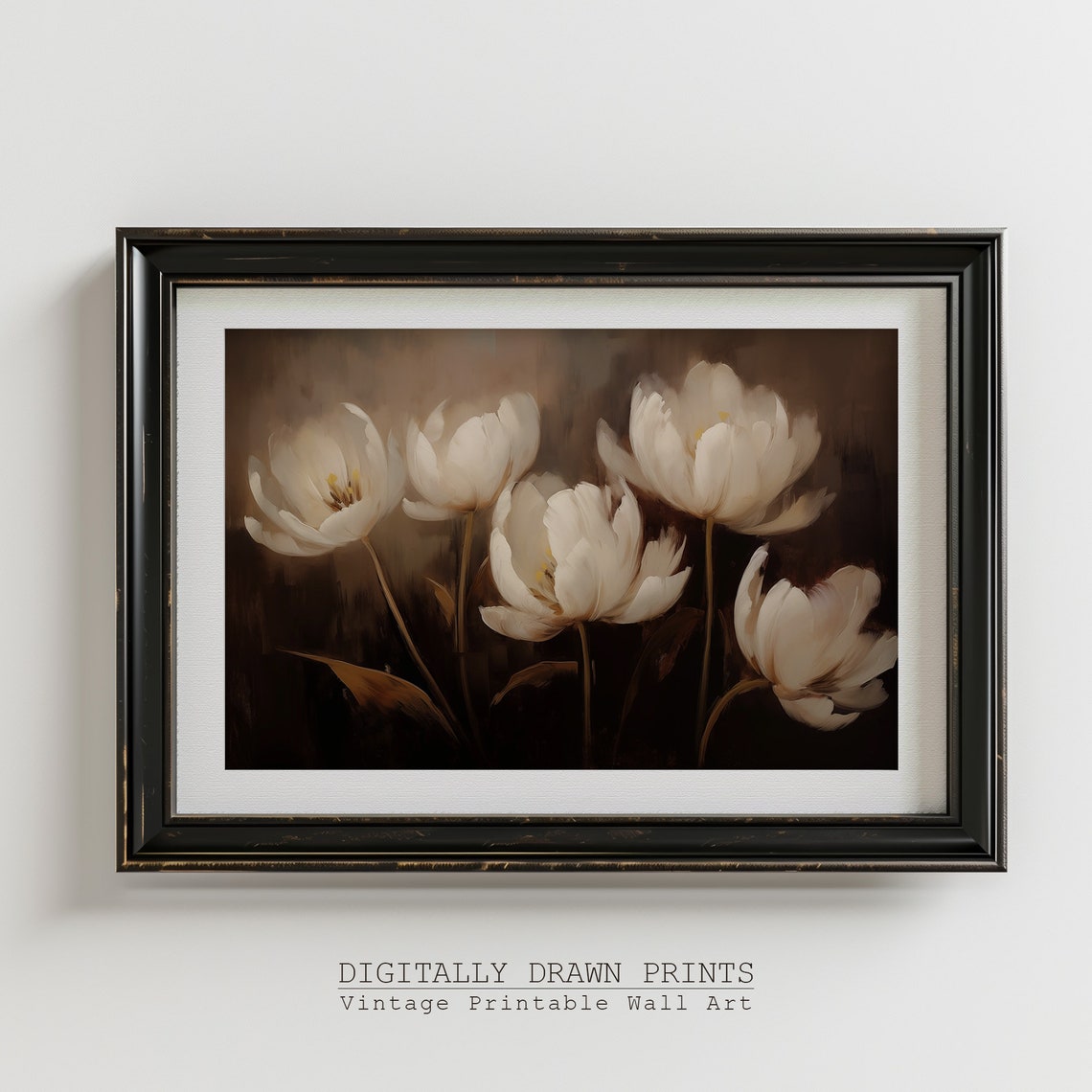 Dramatic Dark Moody White Tulips Chiaroscuro Botanical Art Print - Image 5