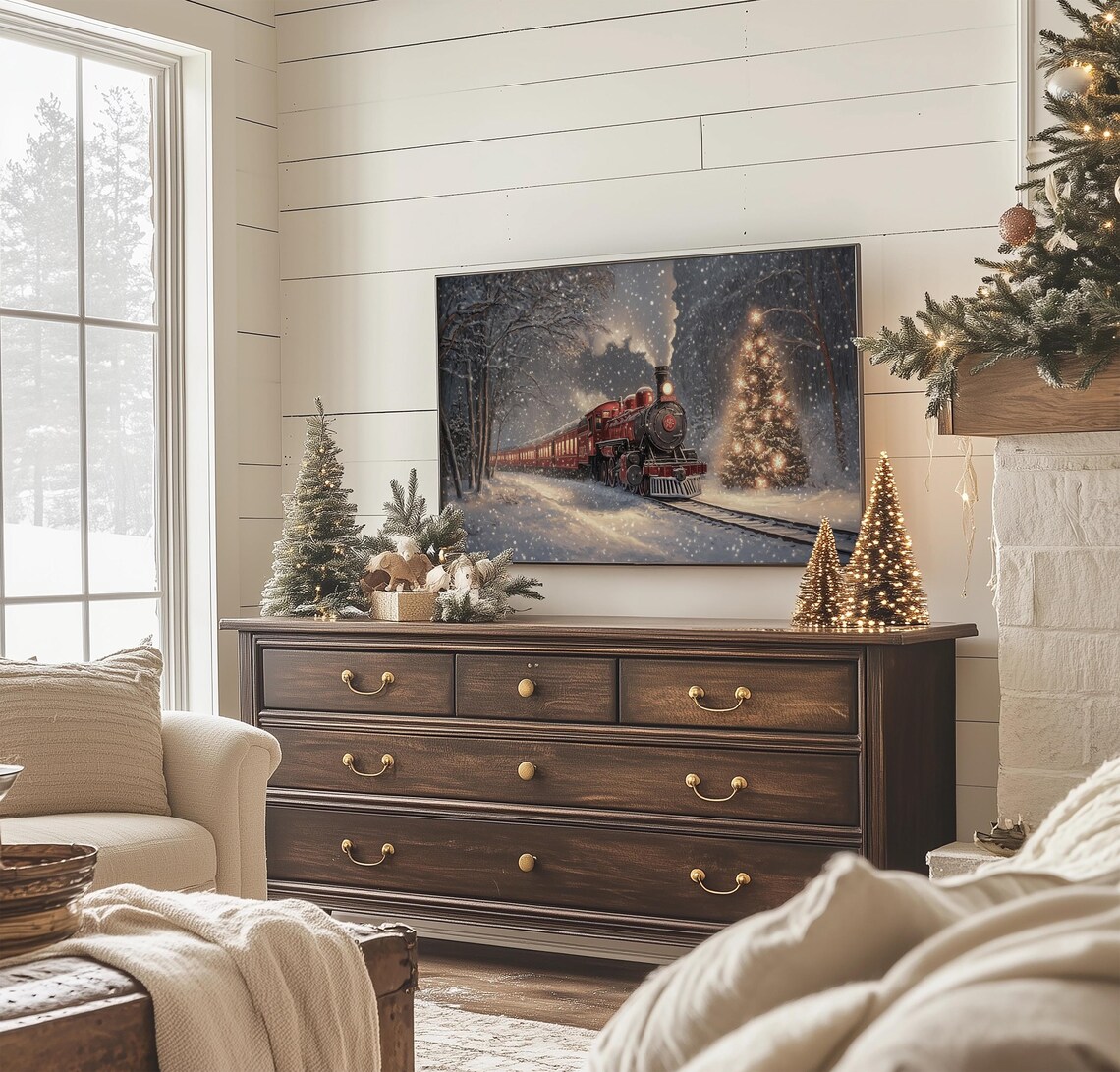 Vintage Christmas Train Art Print, Neutral Winter Scene - Image 3
