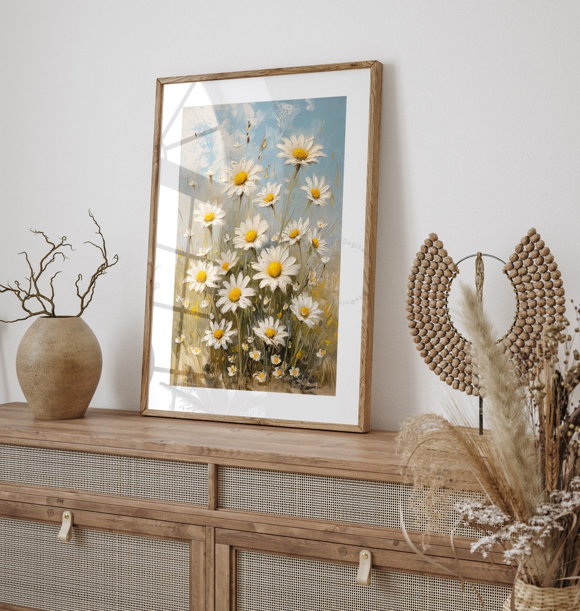 White Daisies Soft Blue Sky Vintage Floral Still Life Oil Print - Image 2