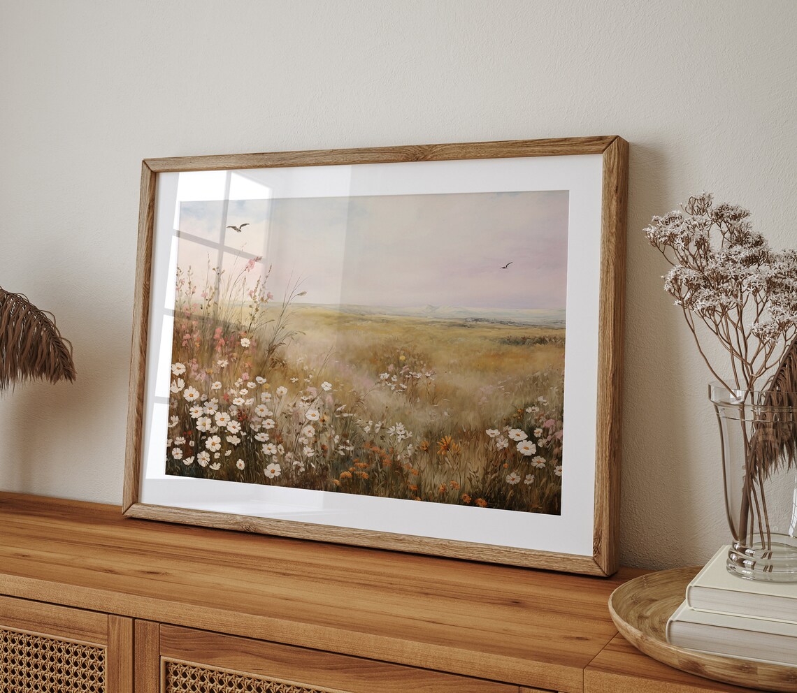 Misty Daisy Field Birds Flying Soft Pink Sky Vintage Impressionist Print - Image 4