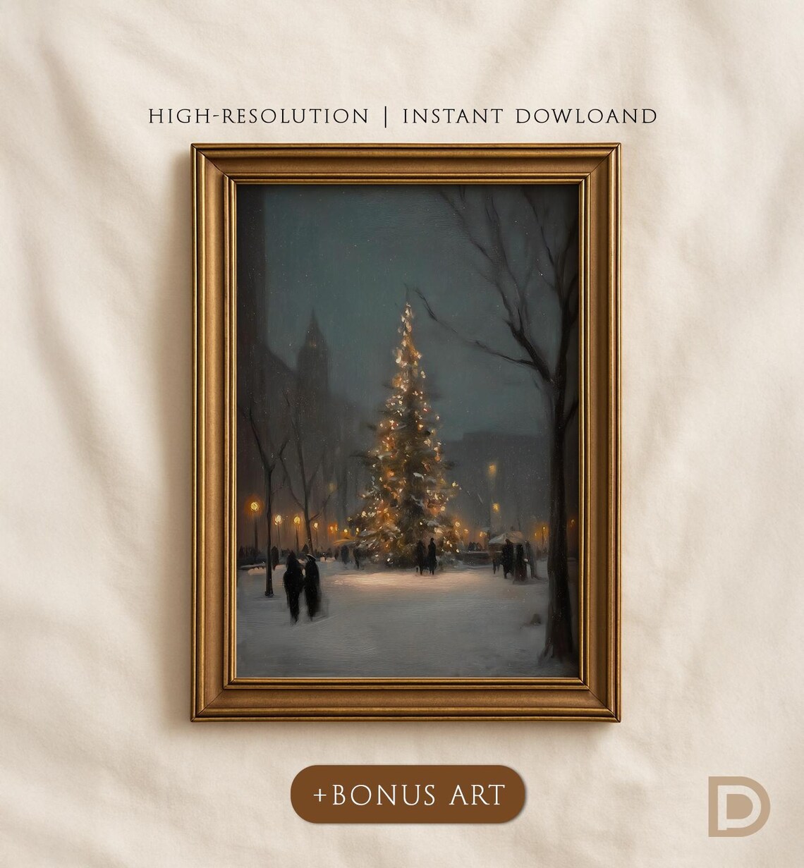 Vintage Snowy City Christmas Tree Night Moody Oil Painting Poster