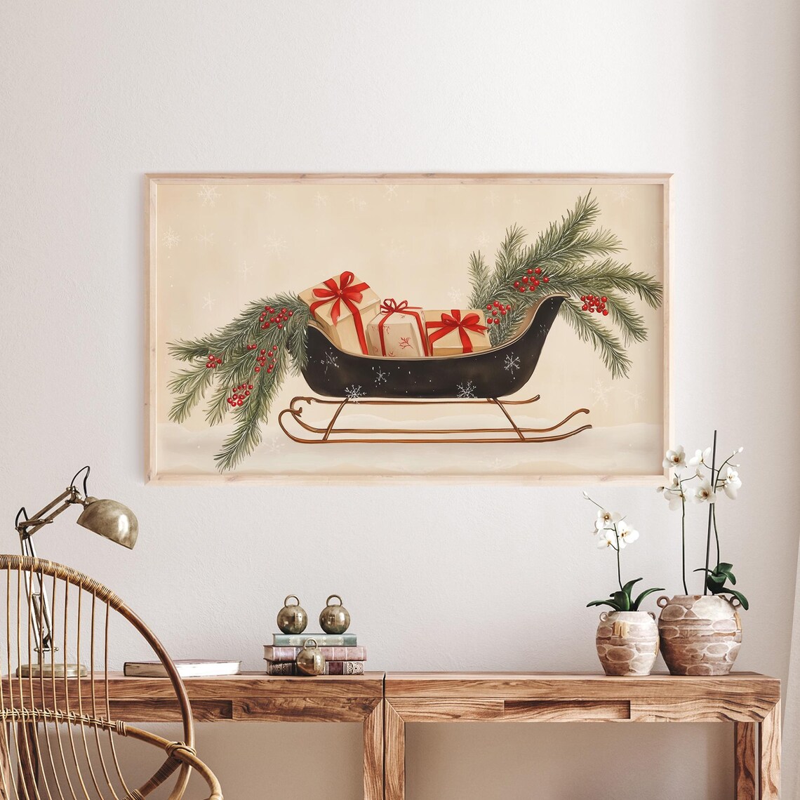 Neutral Christmas Sleigh Art Print, Vintage Farmhouse - Image 2