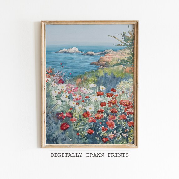 Coastal Wildflower Field Watercolor Red Cosmos Ocean View Poster