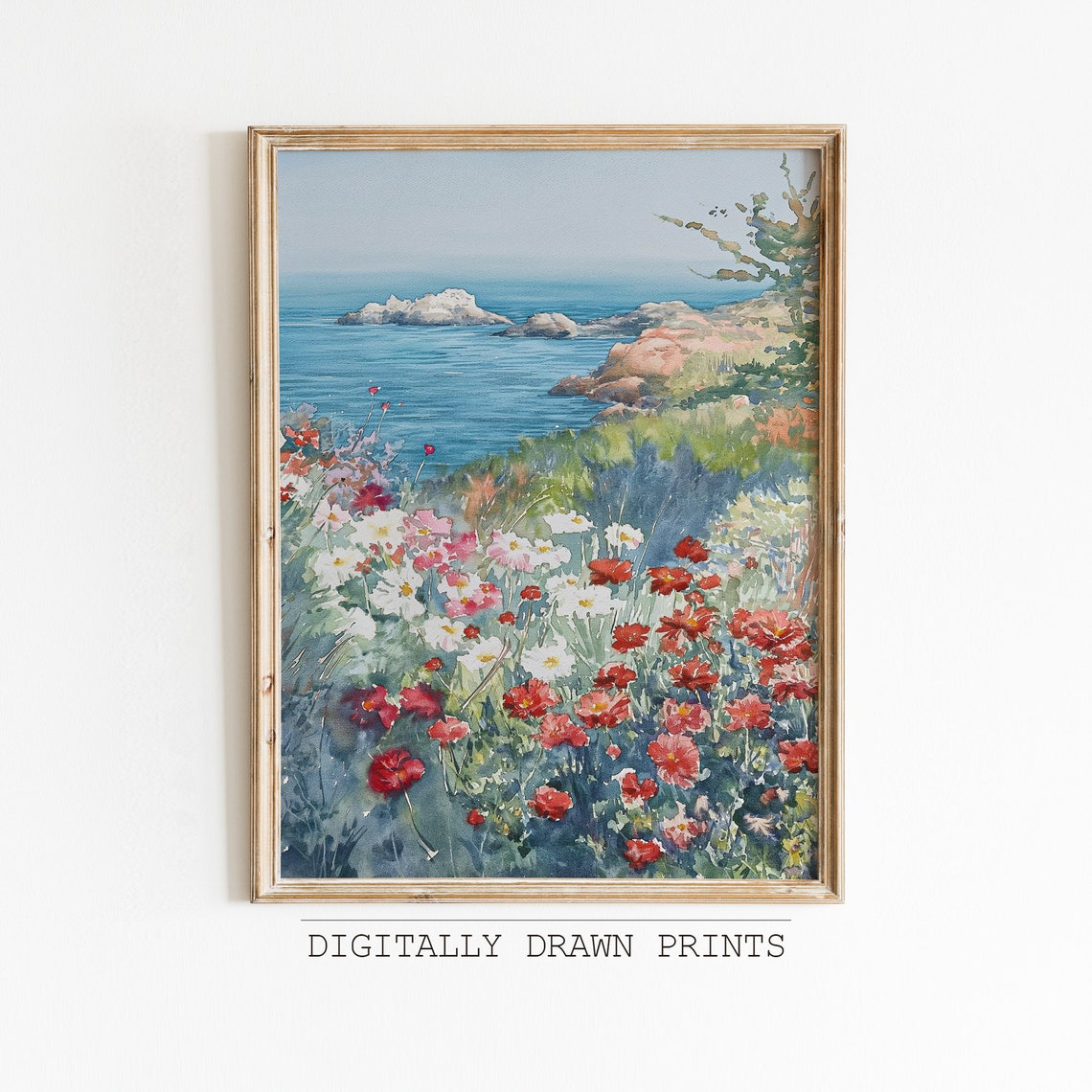 Coastal Wildflower Field Watercolor Red Cosmos Ocean View Poster