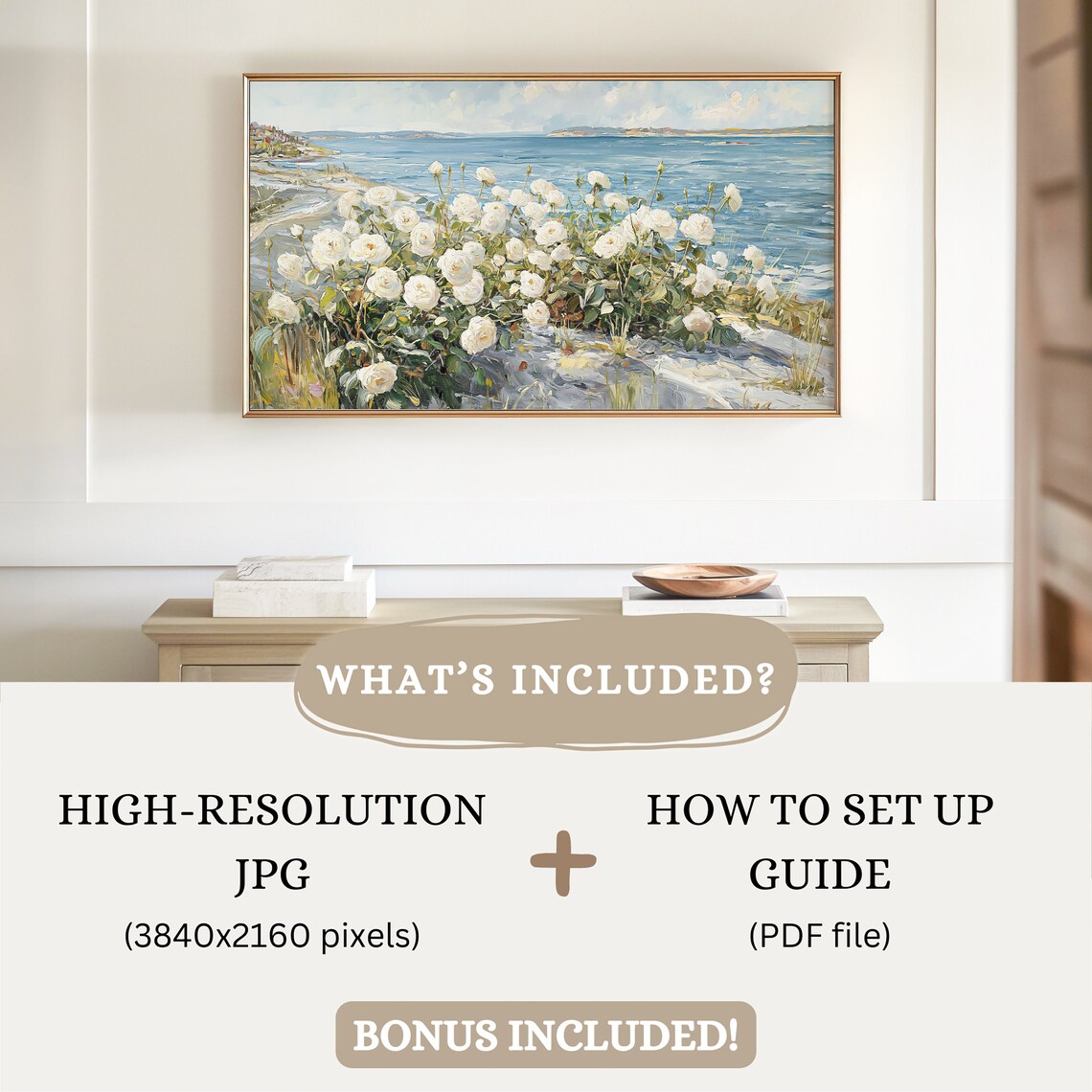 White Roses Rocky Shore Blue Ocean Coastal Floral Oil Poster - Image 2