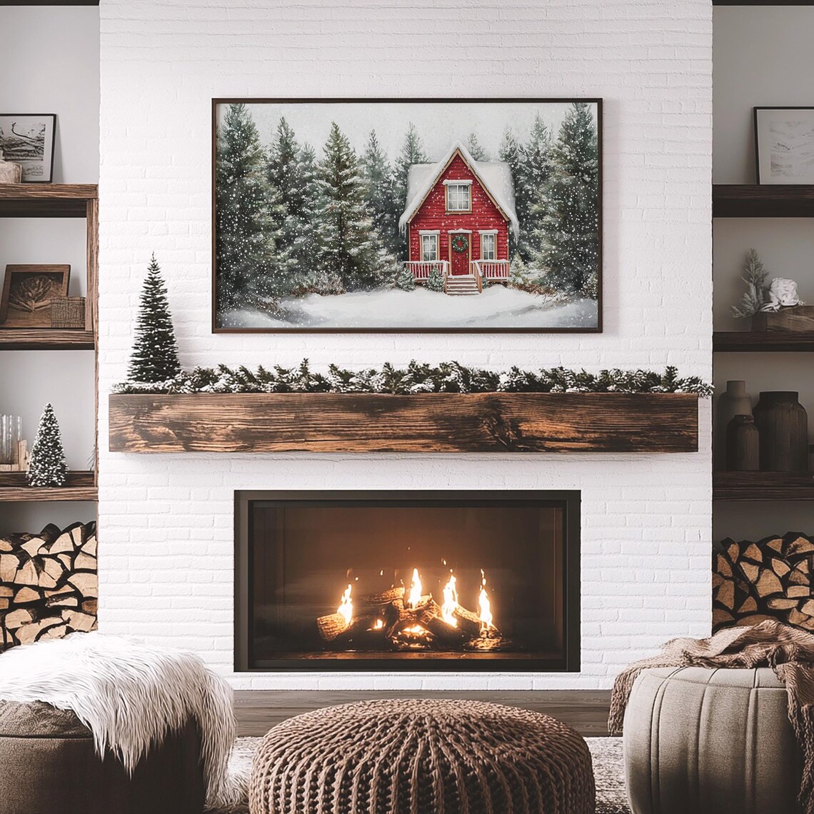 Red Christmas Cottage Wreath Snowy Forest Falling Snow Holiday Poster - Image 4