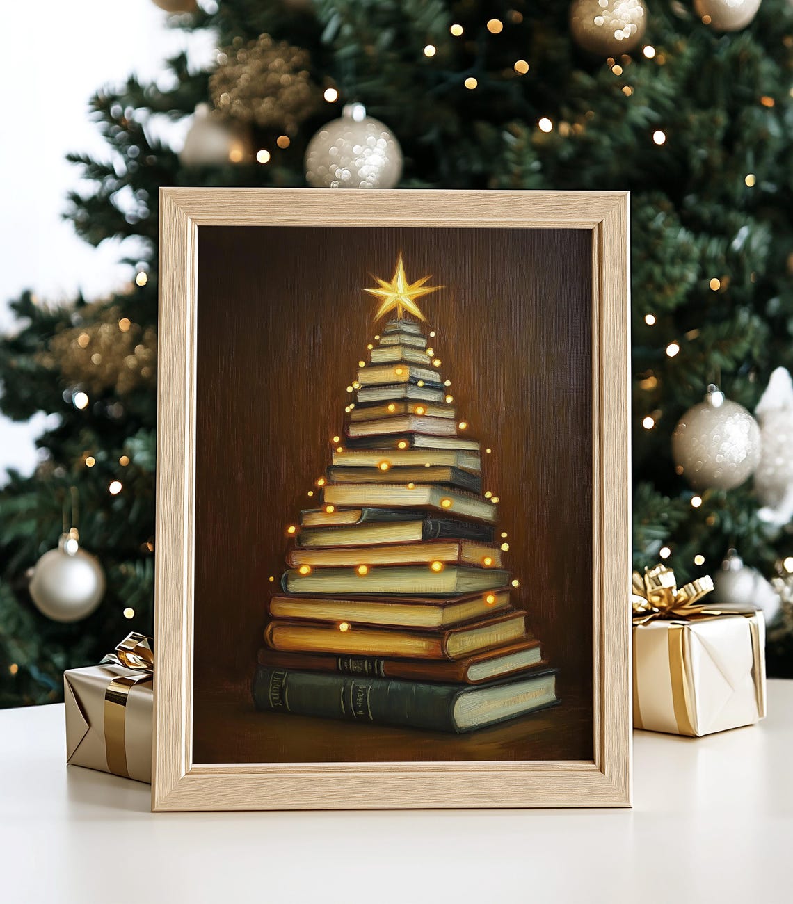 Book Stack Christmas Tree Lights Golden Star Dark Academia Poster - Image 3