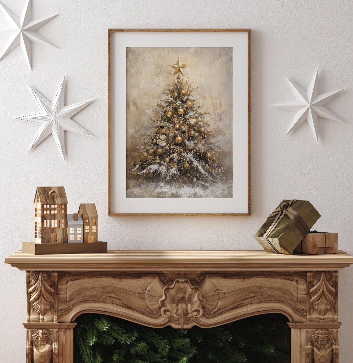 Vintage Golden Christmas Tree Art Print, Rustic Holiday - Image 4