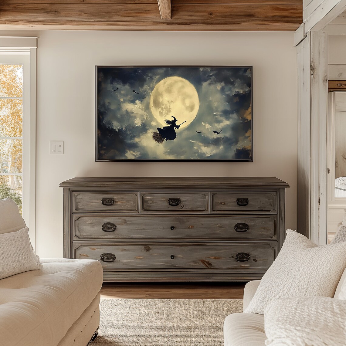 Witch Silhouette Flying Broomstick Full Moon Night Bats Halloween Poster - Image 4