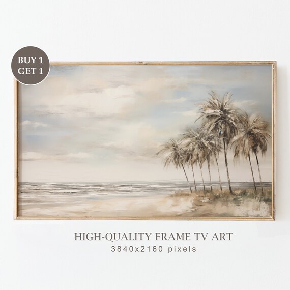 Neutral Palm Tree Beach Muted Coastal Seascape Vintage Gray Sky Art Poster