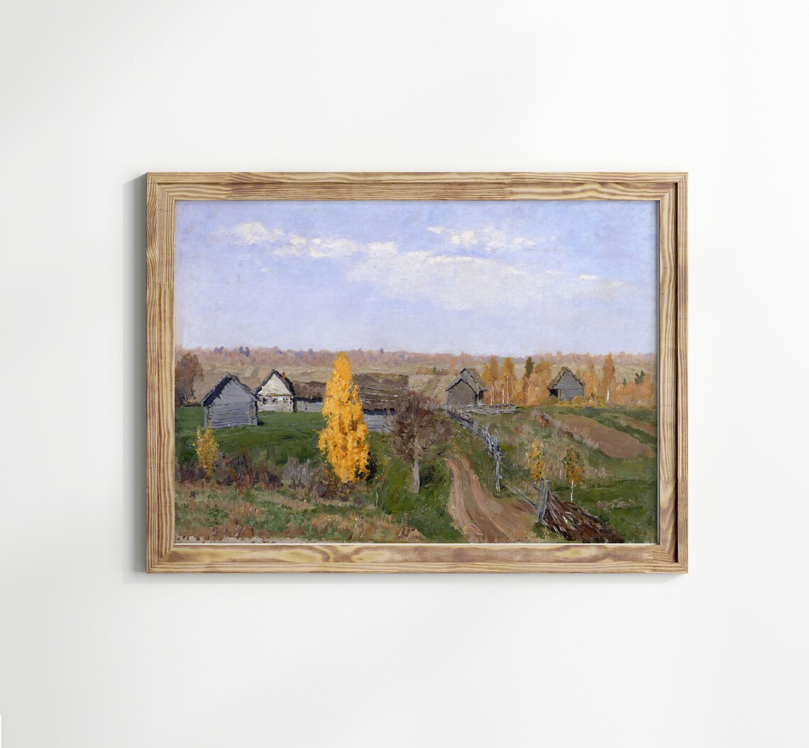 Autumn Village Wooden Cabins Golden Birch Tree Vintage Fall Countryside Poster - Image 3