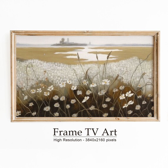 White Daisies Dark Stems River Marsh Distant Shore Vintage Poster