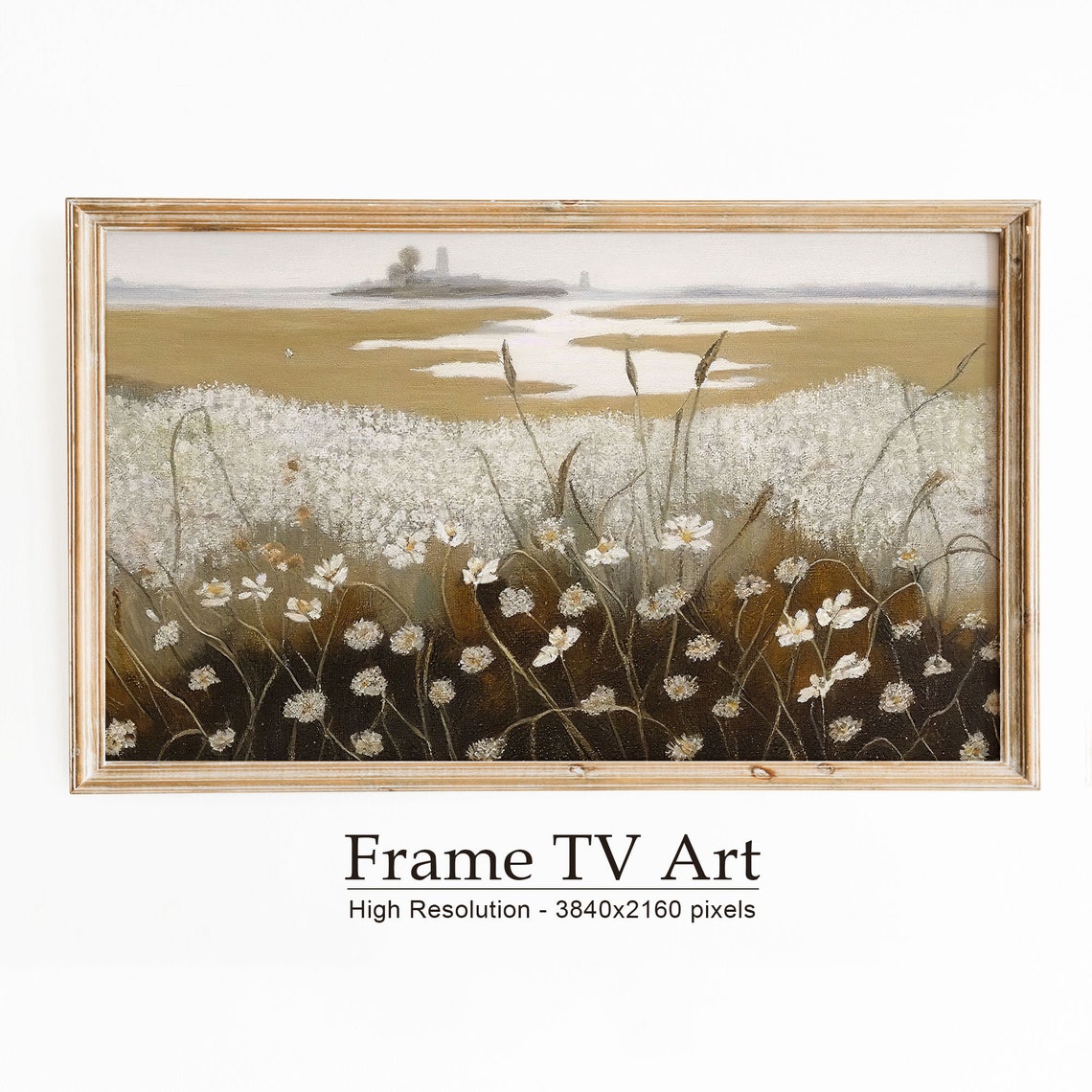 White Daisies Dark Stems River Marsh Distant Shore Vintage Poster