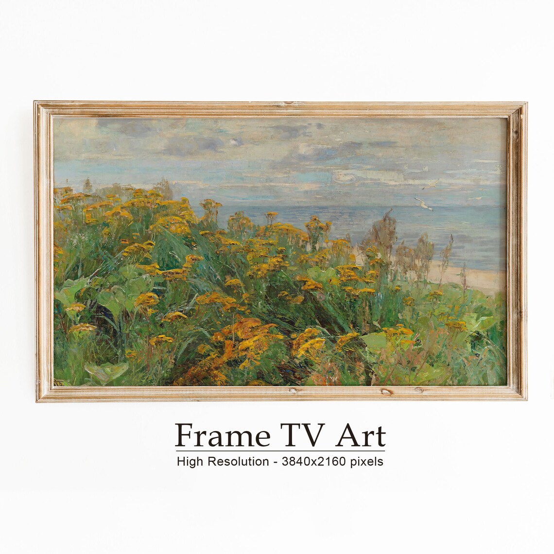 Golden Coastal Wildflowers Seascape Cliffside View Oil Painting Poster