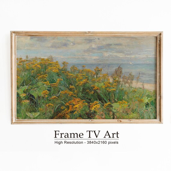 Golden Coastal Wildflowers Seascape Cliffside View Oil Painting Poster