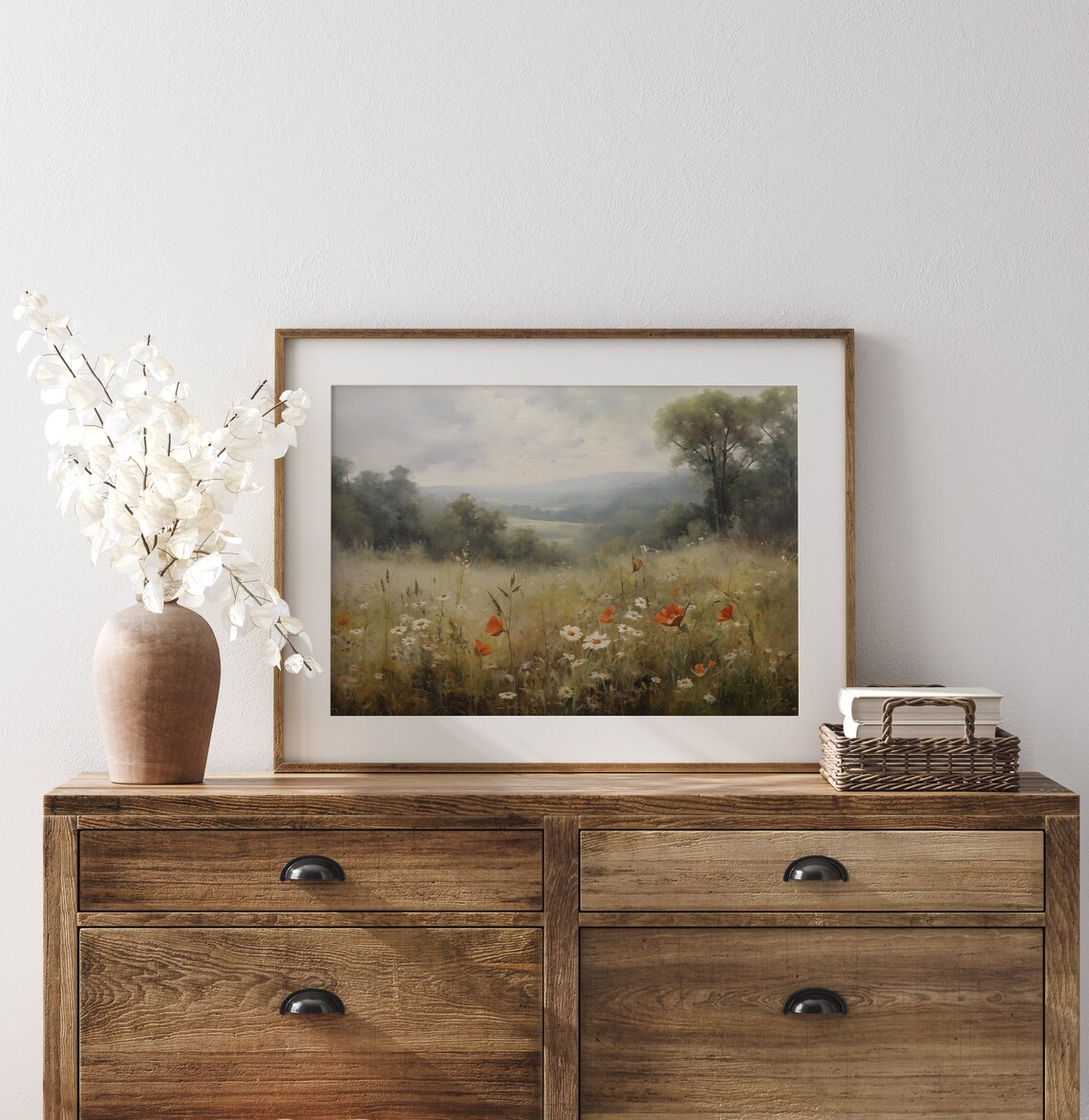 Moody Wildflower Meadow Poppies Misty Valley Vintage Landscape Painting Poster - Image 5