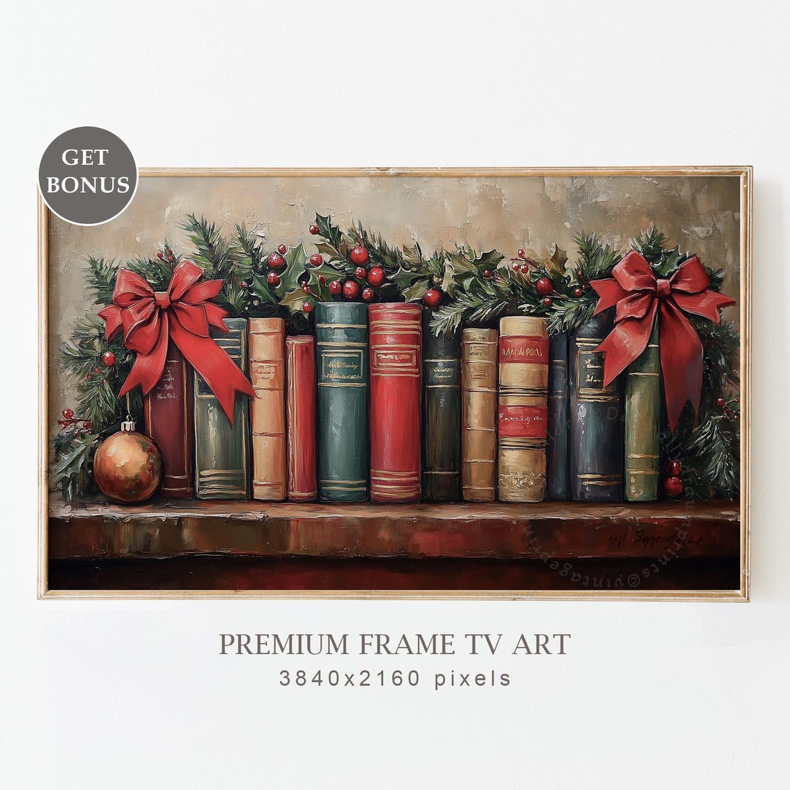 Vintage Christmas Bookshelf Still Life Red Bows Holly Poster
