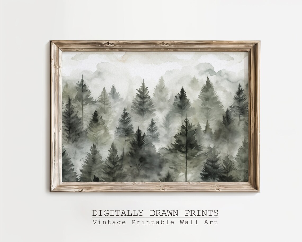 Moody Winter Pine Trees and Snowy Mountains Art Print - Image 3