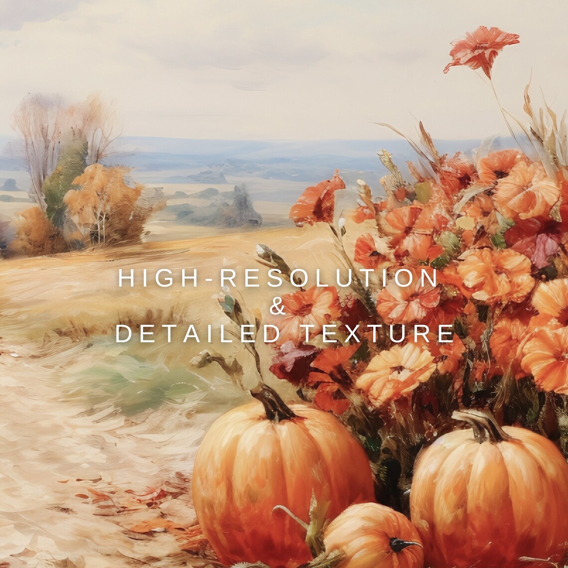 Pumpkins And Red Wildflowers On Autumn Country Path Harvest Scene Print - Image 2