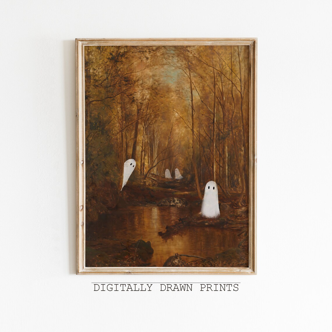 Cute Ghosts In Autumn Forest Vintage Painting Art Print