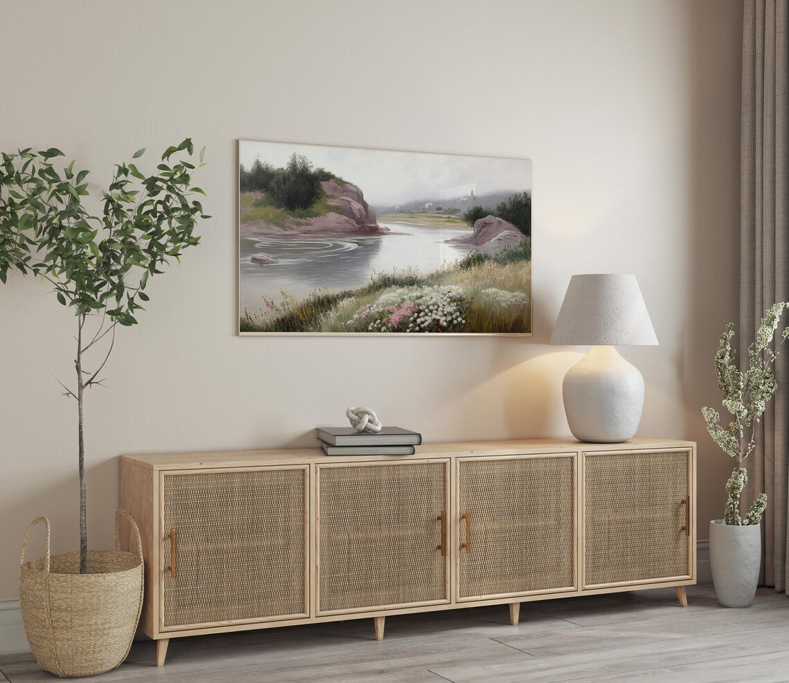 Rocky River Cliffs Wildflowers Misty Morning Vintage Landscape Print - Image 3