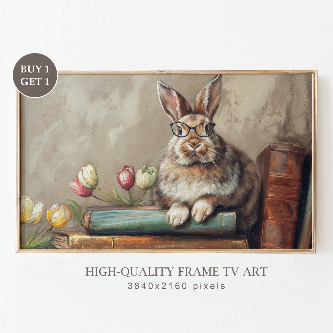 Charming Rabbit Wearing Glasses on Vintage Books Tulips Art Print