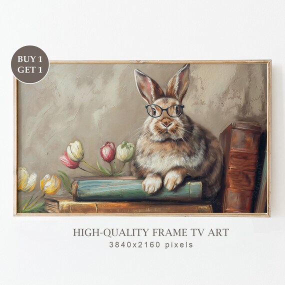Charming Rabbit Wearing Glasses on Vintage Books Tulips Art Print