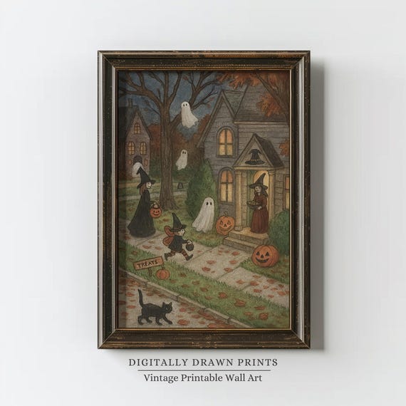 Vintage Halloween Cute Ghosts And Witch Art Print