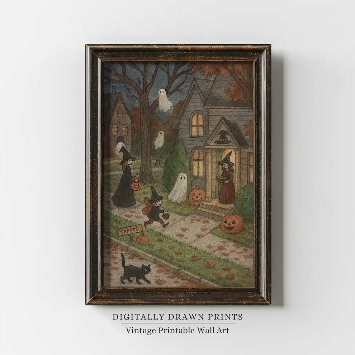 Vintage Halloween Cute Ghosts And Witch Art Print