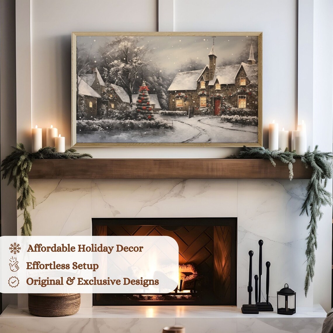 Snowy Stone Cottage Christmas Tree Winter Moody Night Art Poster - Image 3