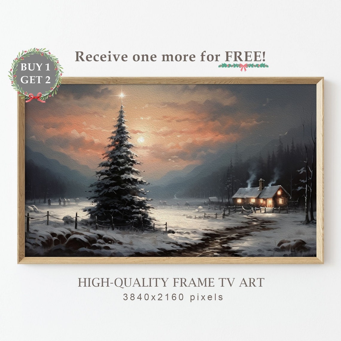 Snowy European Old Town Christmas Tree Night Vintage Holiday Poster - Image 3