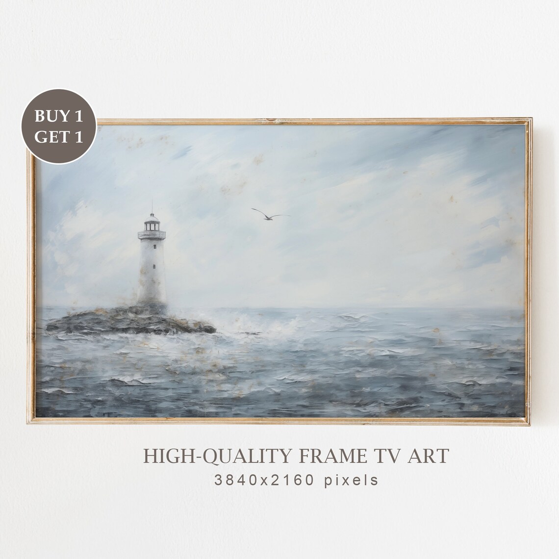Moody Lighthouse Rocky Coast Seagull Gray Seascape Vintage Oil Painting Poster