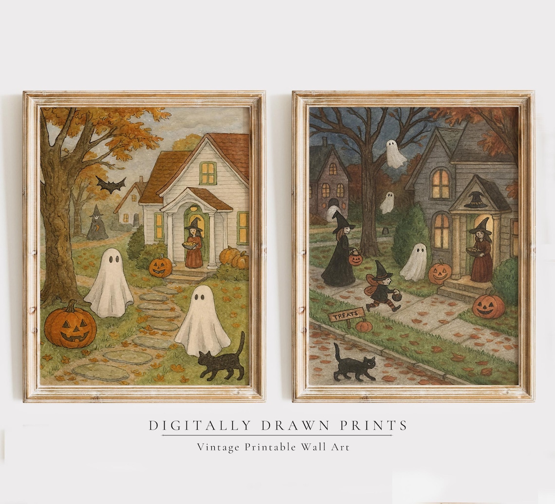Vintage Halloween Cute Ghosts and Witch Art Print Set