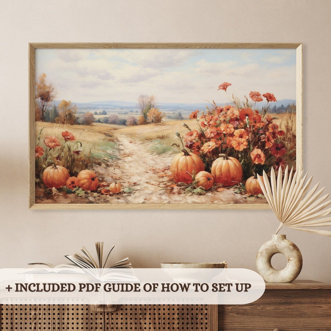Pumpkins And Red Wildflowers On Autumn Country Path Harvest Scene Print - Image 3