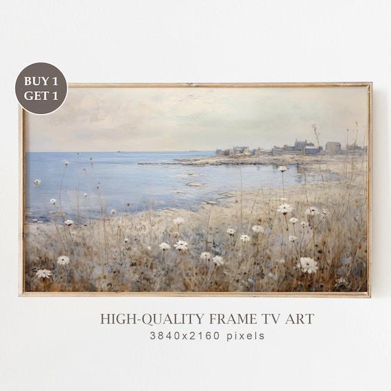 Wildflowers Above Quiet Coastal Shore Village Neutral Vintage Scenery Poster