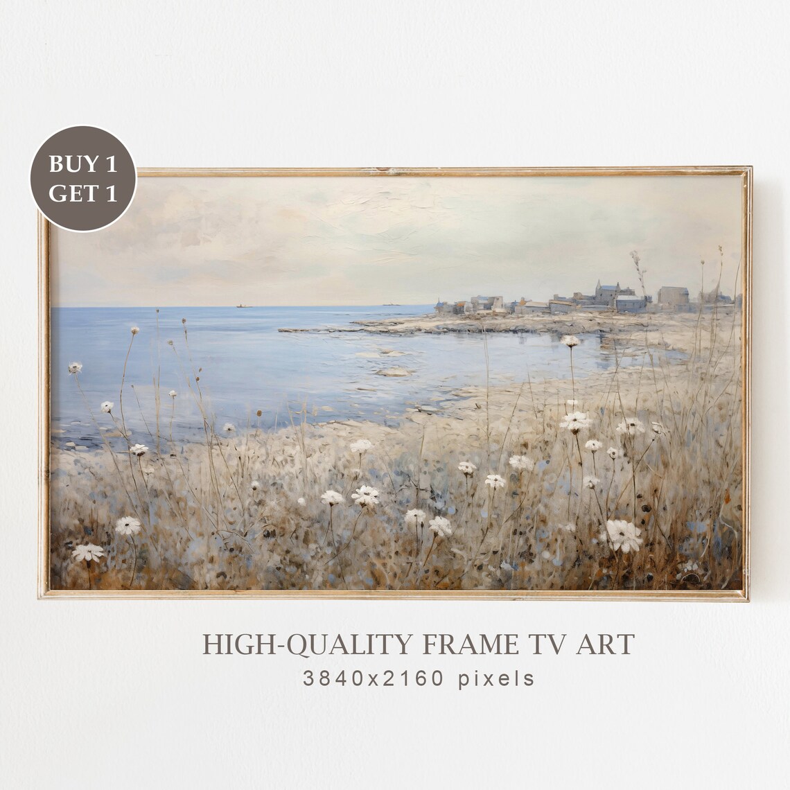 Wildflowers Above Quiet Coastal Shore Village Neutral Vintage Scenery Poster