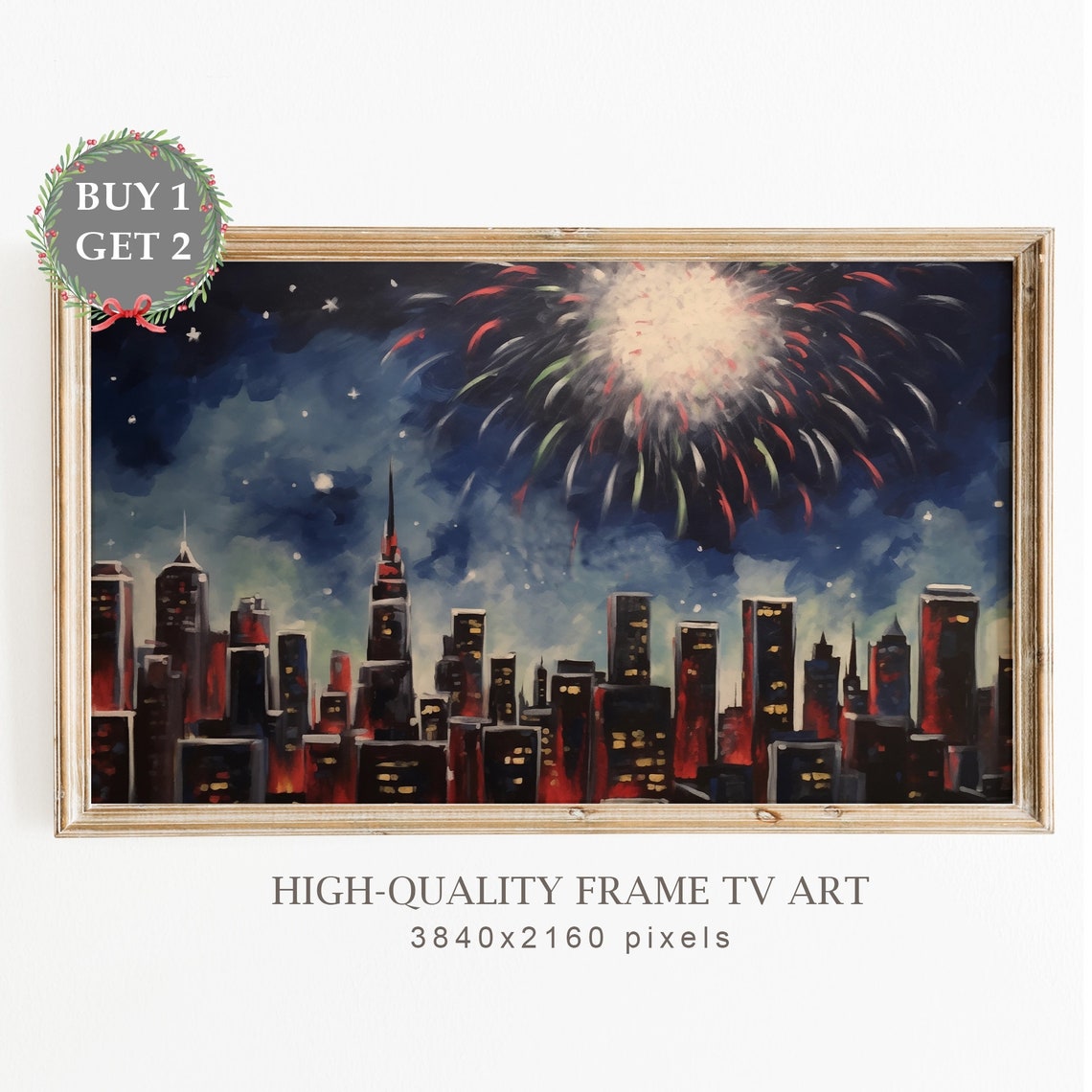 City Skyline Big Firework Display New Year Night Celebration Poster