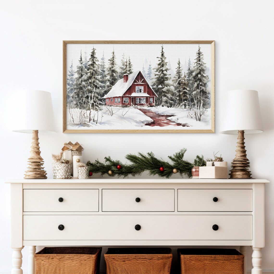 Winter Cottage Tv Frame Art Snowy Landscape Painting Christmas Decor Vintage Winter Tv Art Seasonal Christmas Decor - Image 2