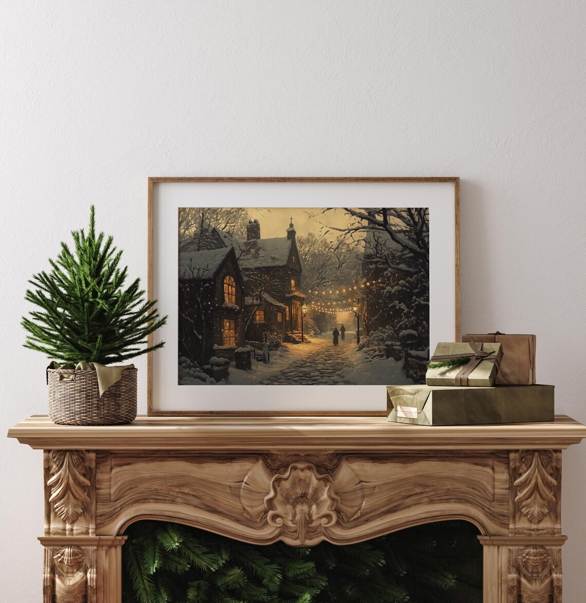 Vintage Snowy Village Christmas Evening Art Print - Image 4