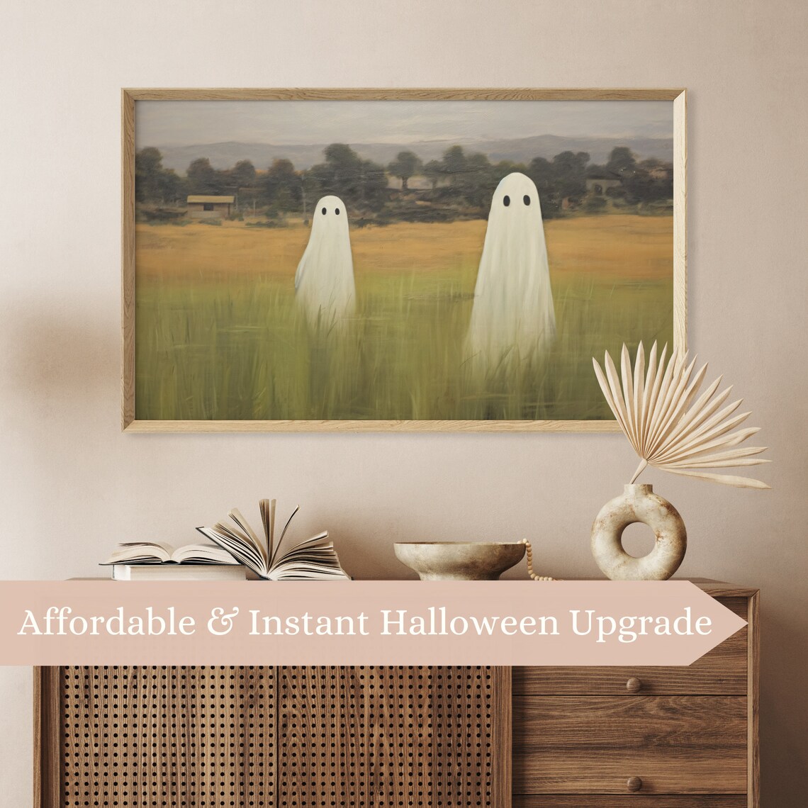 Cute Sheet Ghosts In Green Autumn Meadow Vintage Halloween Field Print - Image 3