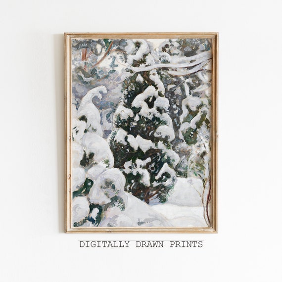 Wall Art Snowy Landscape Oil Painting Snowy Pine Tres Wall Art Muted Neutral Rustic Decor