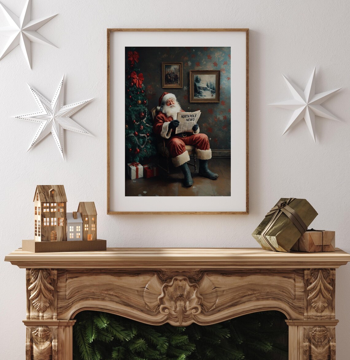 Santa Claus Reading North Pole News Newspaper Christmas Tree Poster - Image 3