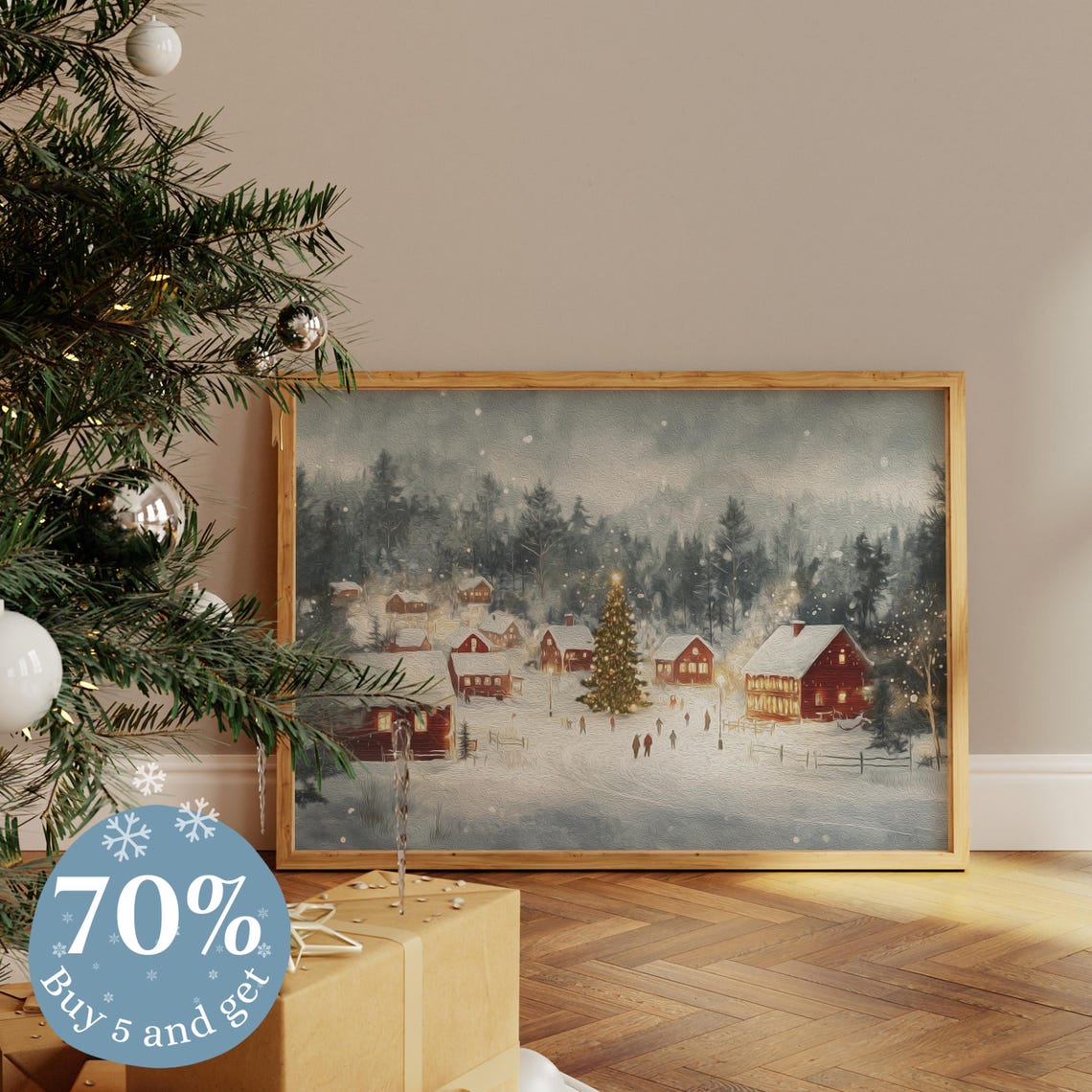 Snowy Winter Village Christmas Tree Lights Red Cabins Night Poster - Image 5
