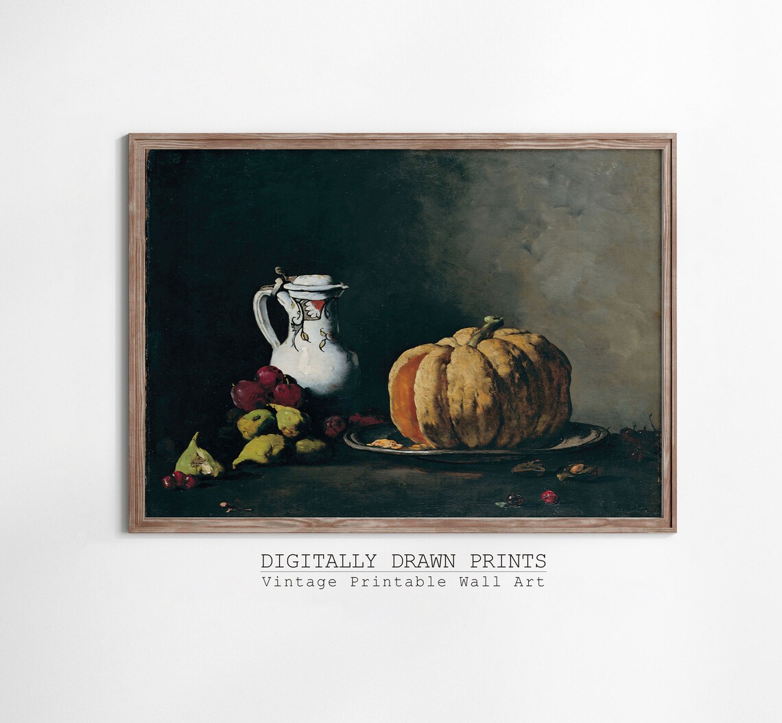 Moody Still Life Pumpkin Pitcher Fruit Dark Vintage Kitchen Art Print - Image 2